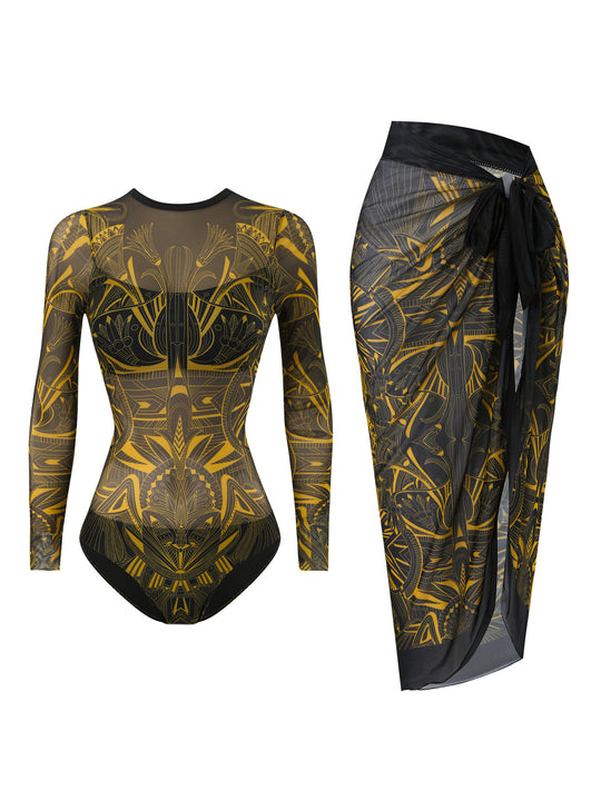 Damen Badeanzug mit elegantem transparentem Wickelrock R&B