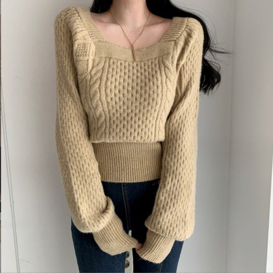 Damen Grobstrickpullover mit modernen Zopfdetails und quadratischem Ausschnitt R&B