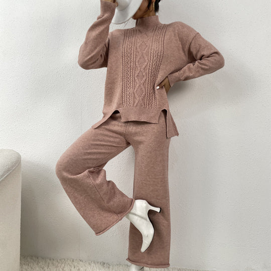 Damen eleganter Strickanzug mit hohem Kragen und farbenfrohem Muster R&B