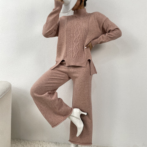 Damen eleganter Strickanzug mit hohem Kragen und farbenfrohem Muster R&B