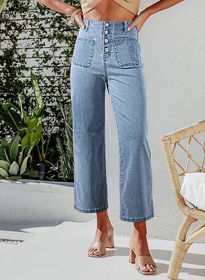 Damen High-Waist Jeans mit Knopfdetail und weitem Bein R&B