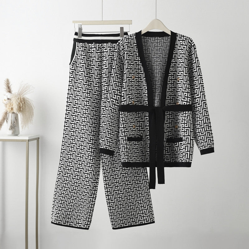 Damen lässiges Strick-Loungewear-Set mit geometrischem Muster R&B