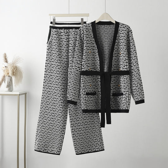 Damen lässiges Strick-Loungewear-Set mit geometrischem Muster R&B