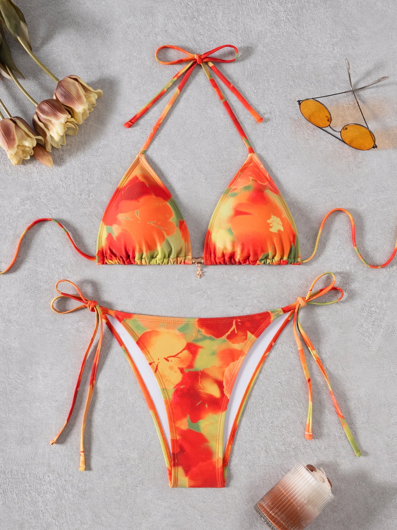 Damen Triangel-Bikini mit floralem Design und verstellbaren BindR&Bändern R&B