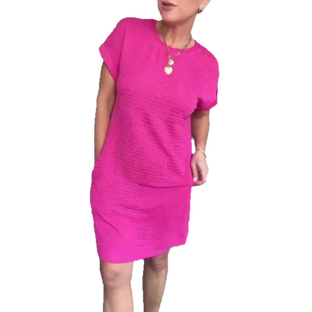 Damen lässiges Kurzarmkleid mit praktischen Seitentaschen und strukturiertem Design Heidi-Mode