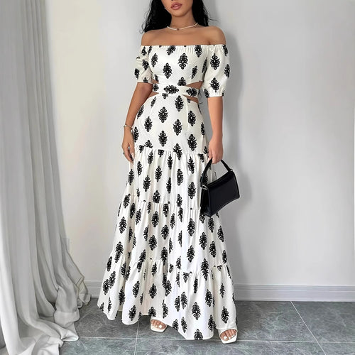 Damen Off-Shoulder Maxikleid mit Rüschendetails und floralen Mustern R&B