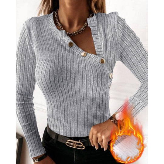 Damen Langarmshirt mit modischem Knopfdetail und Rippstruktur R&B
