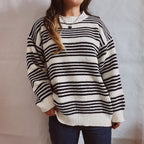Damen lässiger Strickpullover mit breiten Streifen und überschnittenen Schultern R&B