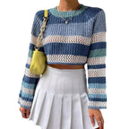 Damen luftiger, gestreifter Strickpullover mit weitem Schnitt R&B