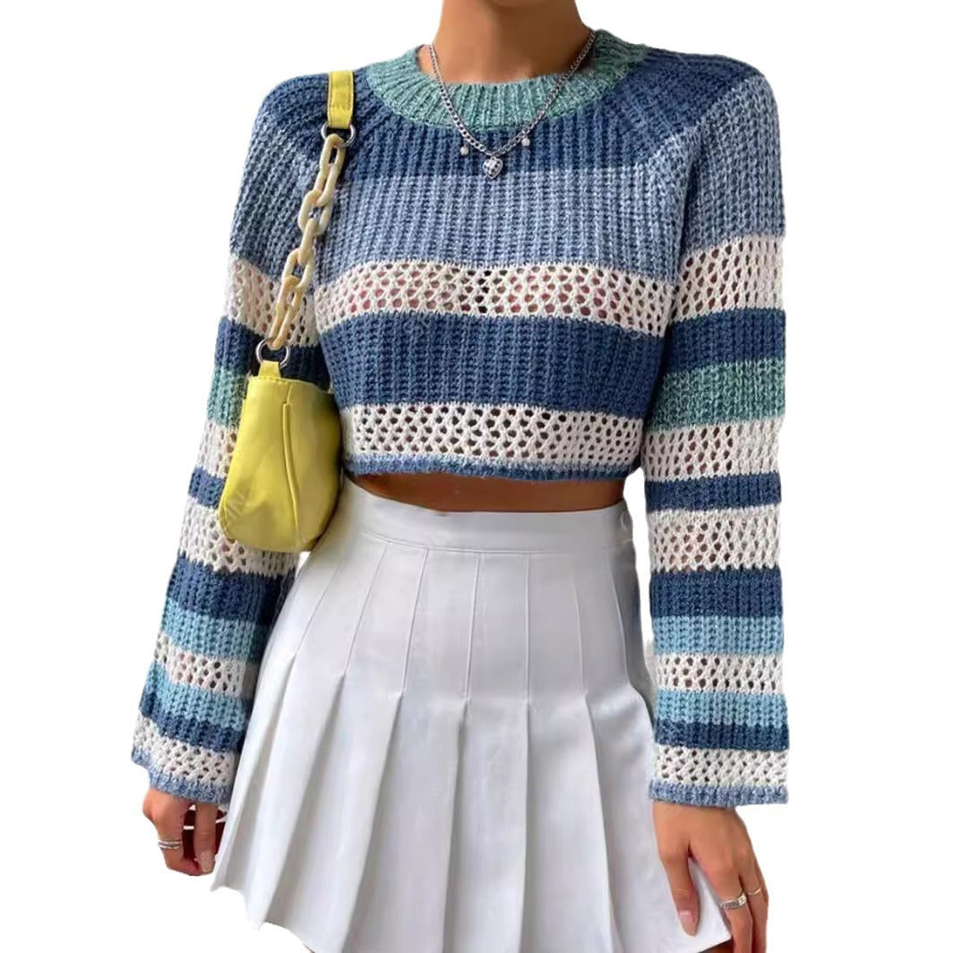Damen luftiger, gestreifter Strickpullover mit weitem Schnitt R&B