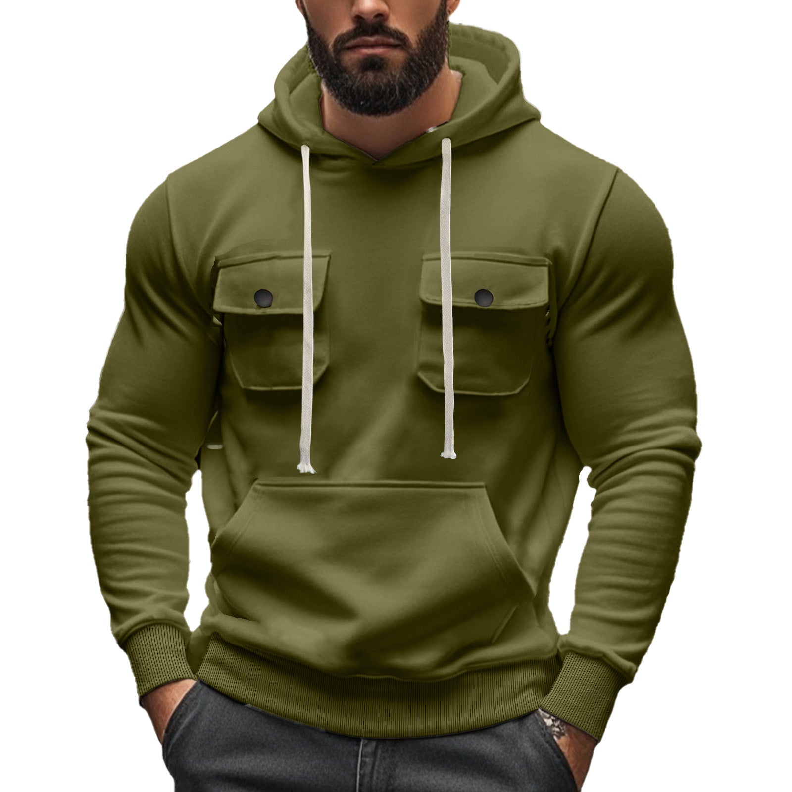 Herren nan sportiver Kapuzenpullover mit aufgesetzten Klappentaschen, Kängurutasche und schmalem Saum R&B