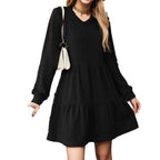 Damen Strickkleid mit V-Ausschnitt und voluminösem Rock R&B