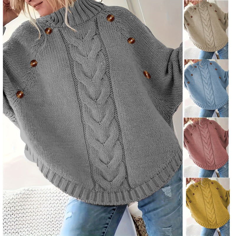 Damen Grobstrickpullover mit hochgeschlossenem Kragen und dekorativen Knöpfen