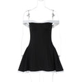 Damen Off-Shoulder Mini-Kleid mit voluminösem Rock und kontrastierenden Säumen R&B