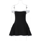 Damen Off-Shoulder Mini-Kleid mit voluminösem Rock und kontrastierenden Säumen R&B