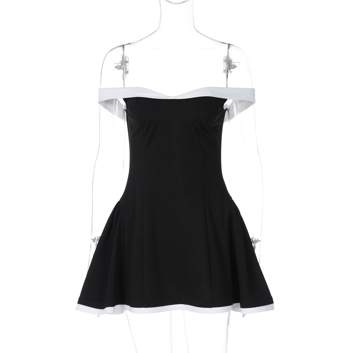Damen Off-Shoulder Mini-Kleid mit voluminösem Rock und kontrastierenden Säumen R&B