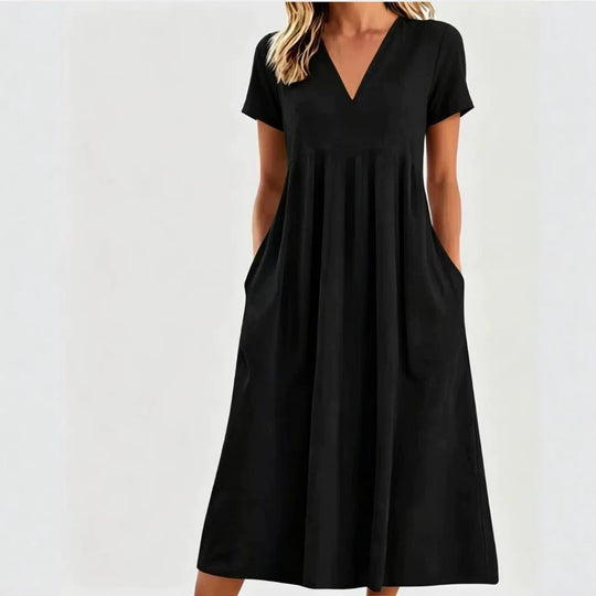 Damen nan legeres V-Ausschnitt-Midikleid mit Eingrifftaschen und geraffter Empirenaht R&B