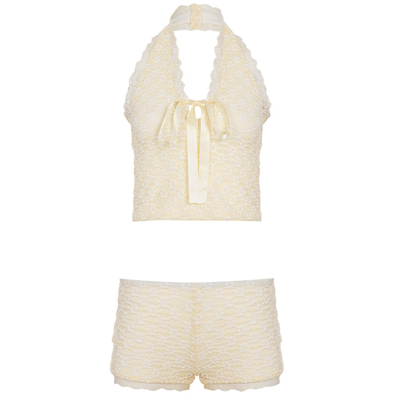 Damen Schlafset mit zarten Spitzen- und Rüschendetails R&B