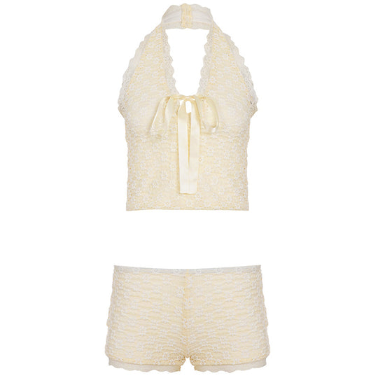 Damen Schlafset mit zarten Spitzen- und Rüschendetails R&B