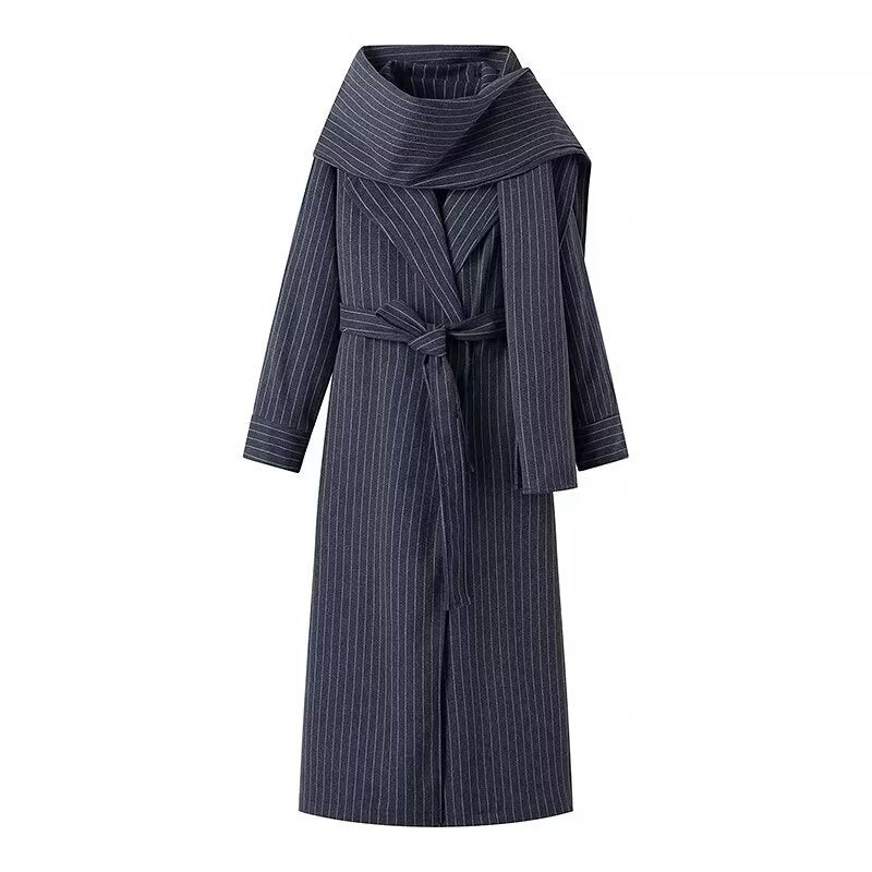 Damen eleganter Wickelmantel mit breitem Kragen und Bindegürtel R&B