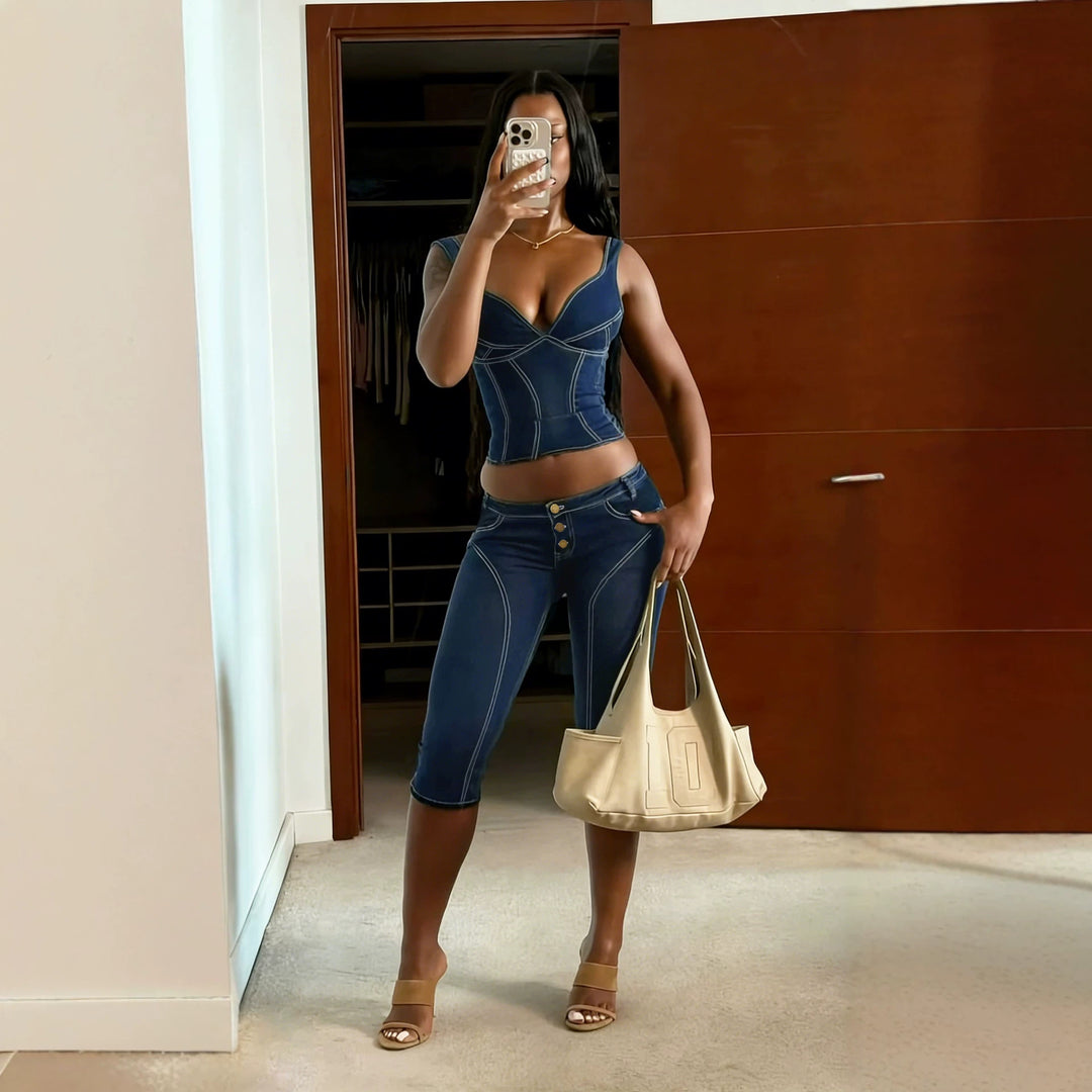 Damen Komfortable Caprijeans mit dekorativen Knöpfen R&B