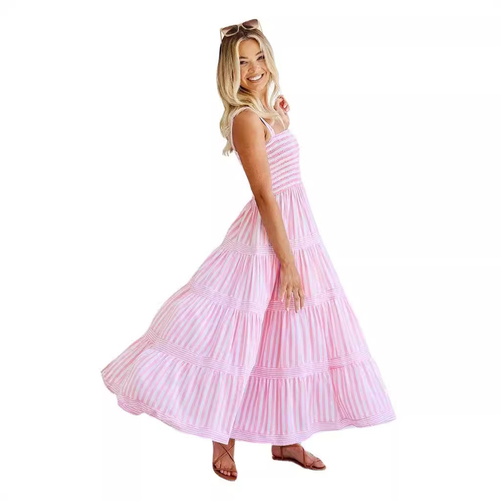Damen Lange Sommerkleid mit schmalen Trägern und voluminösem Rock R&B