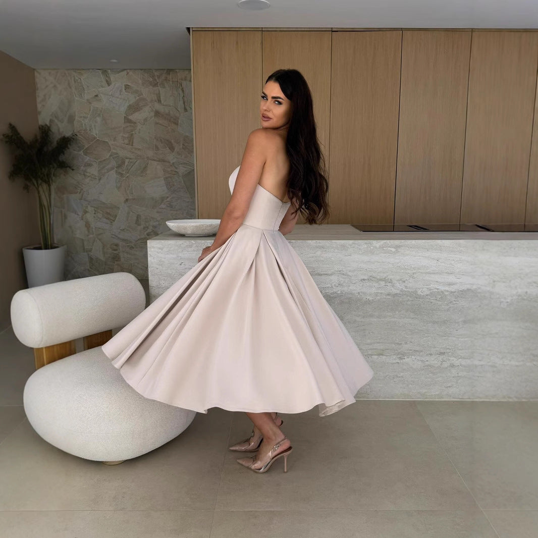 Damen A-linien Cocktailkleid mit trägerlosem Schnitt und schwingendem Rock R&B