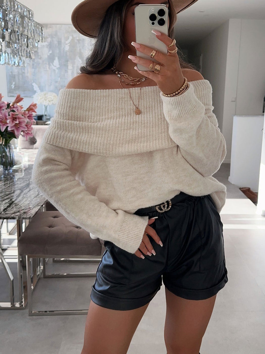 Damen lässiger Off-Shoulder Pullover mit Rippenstruktur R&B