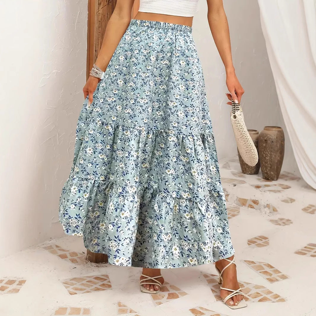 Damen Langer Blütenmuster Rock mit hoher Taille und Rüschensaum R&B