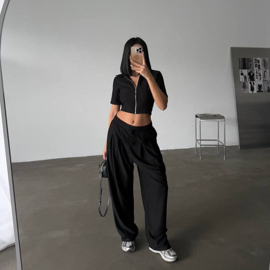 Damen sportliches Set mit kurzem Kragen und Reißverschluss R&B
