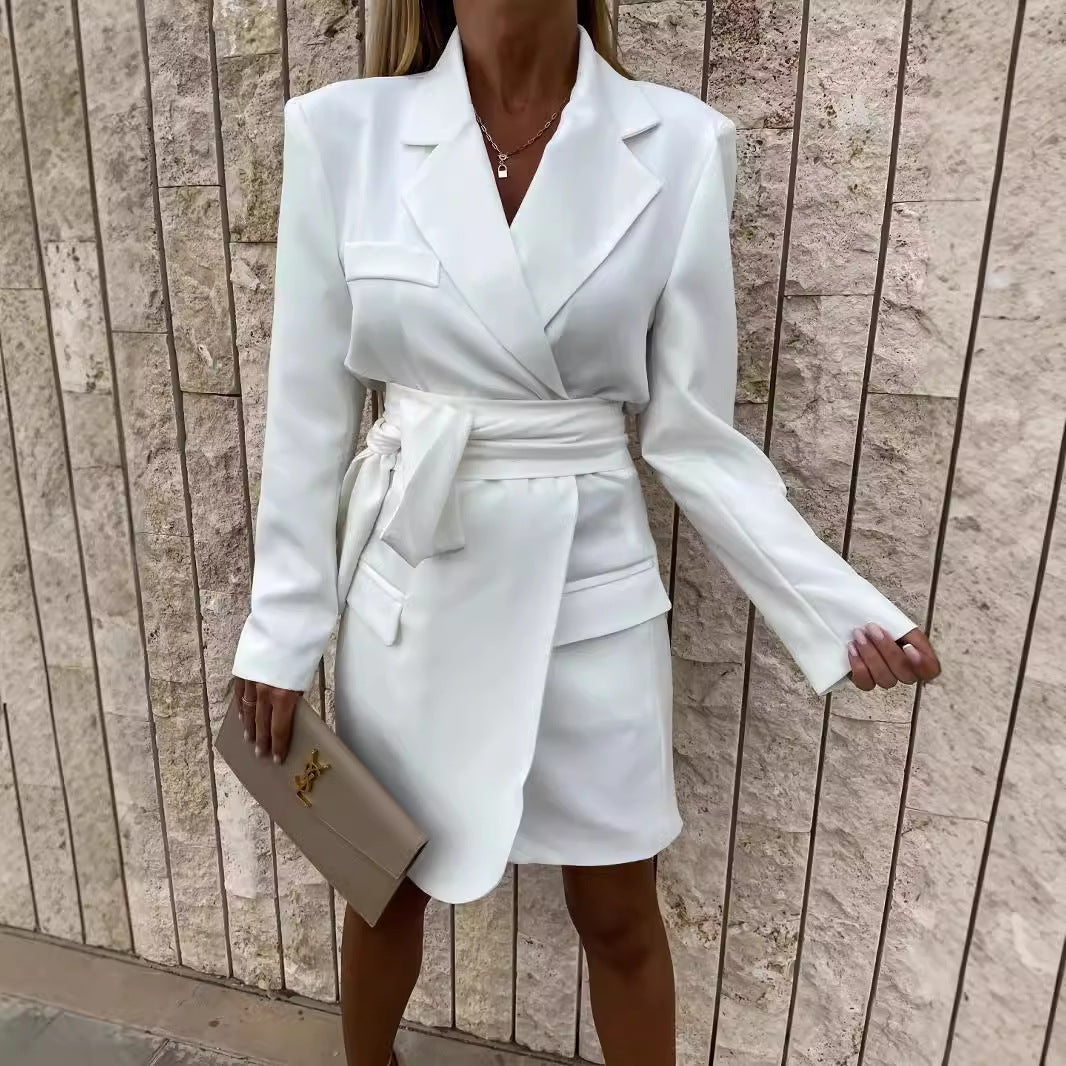 Damen elegantes Mikrokleid mit Gürtel und Taschen R&B
