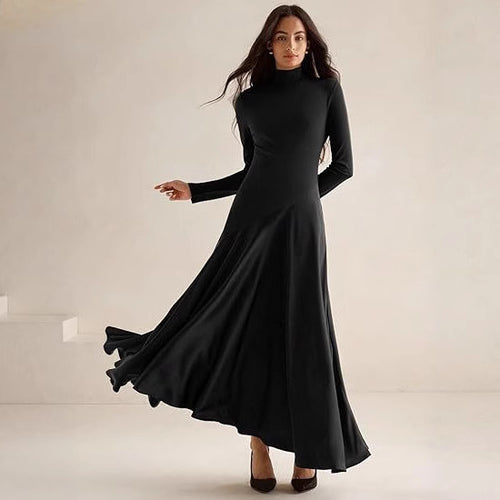 Damen Elegantes Langarm Maxikleid mit hohem Kragen und fließendem Rock R&B