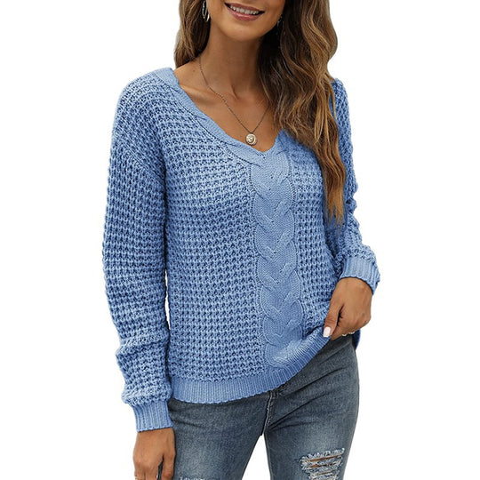 Damen lässiger Strickpullover mit tiefem V-Ausschnitt und detailliertem Zopfmuster R&B