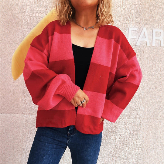 Damen lässige Strickjacke mit breitem Streifenmuster und extra weitem Schnitt R&B