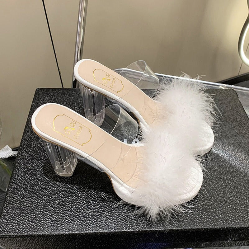 Damen elegante Mules mit transparentem Blockabsatz und feiner Fellverzierung R&B