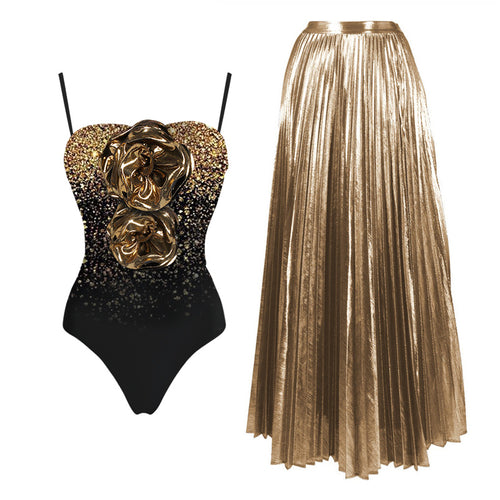 Damen Elegantes Glitzerndes Badeanzug- und Rock-Set R&B
