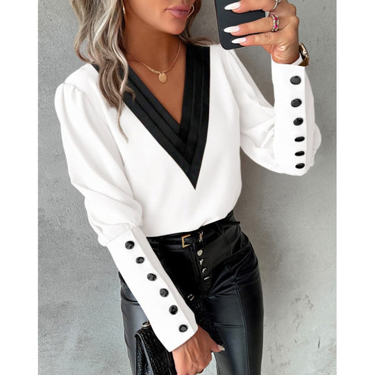 Damen Bluse mit V-Ausschnitt und eleganten Puffärmeln R&B