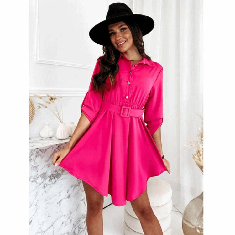 Damen Knielanges Hemdblusenkleid mit Taillengürtel und eleganten Details R&B