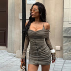 Damen figurbetontes Minikleid mit transparenten Ärmeln und Rüschendetails R&B