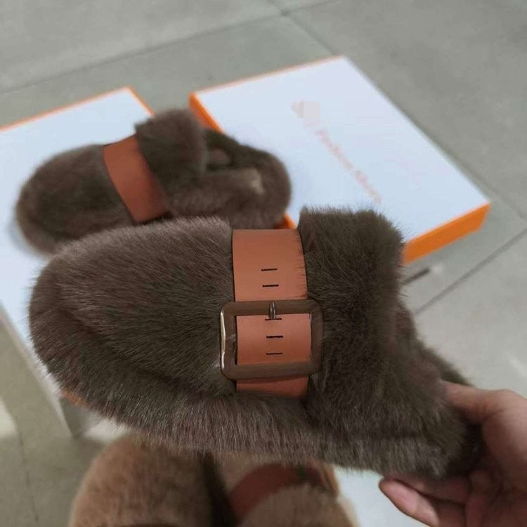 Damen Plüschige Pantoletten mit modischem Riemen von R&B