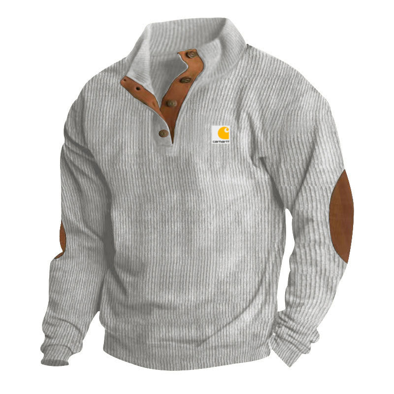 Herren nan Strickpullover im Troyer-Stil mit Stehkragen Lederbesatz Druckknopfleiste und Ellbogen-Patches R&B