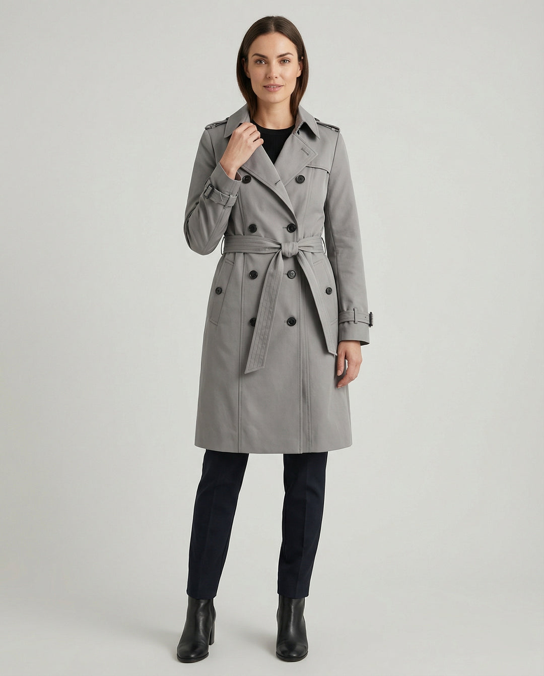 Damen Fashion Trends weit geschnittener doppelreihiger Trenchcoat mit Taillengürtel und Schulterpatten R&B
