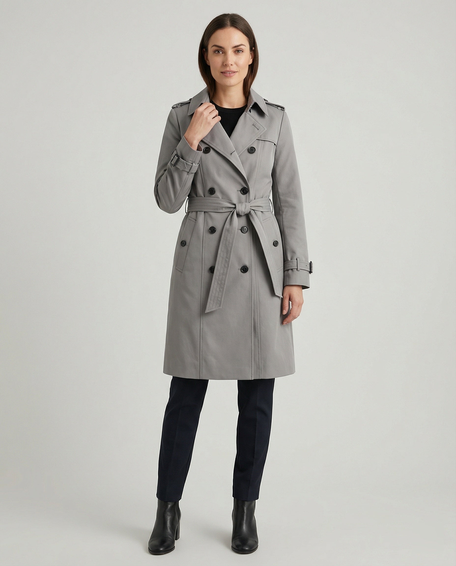 Damen Fashion Trends weit geschnittener doppelreihiger Trenchcoat mit Taillengürtel und Schulterpatten R&B