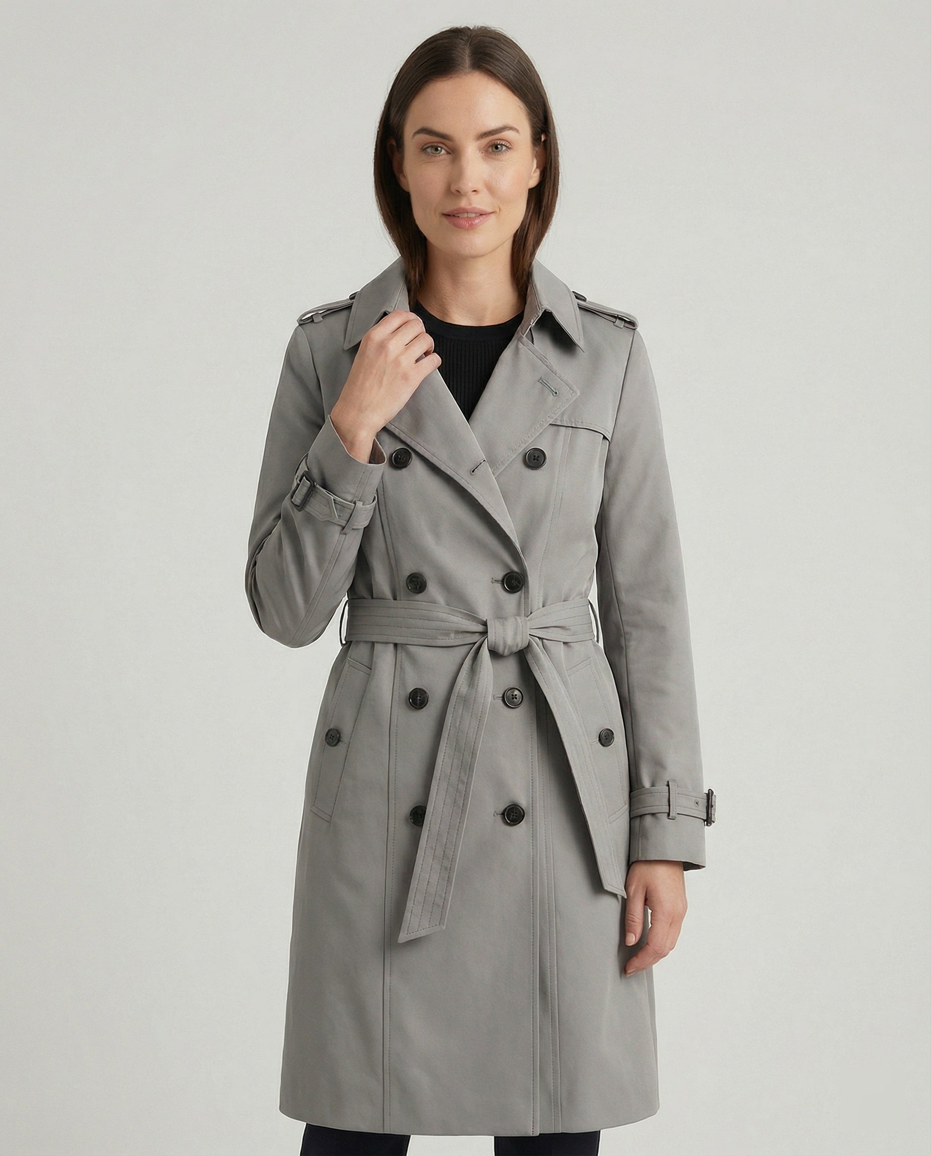Damen Fashion Trends weit geschnittener doppelreihiger Trenchcoat mit Taillengürtel und Schulterpatten R&B