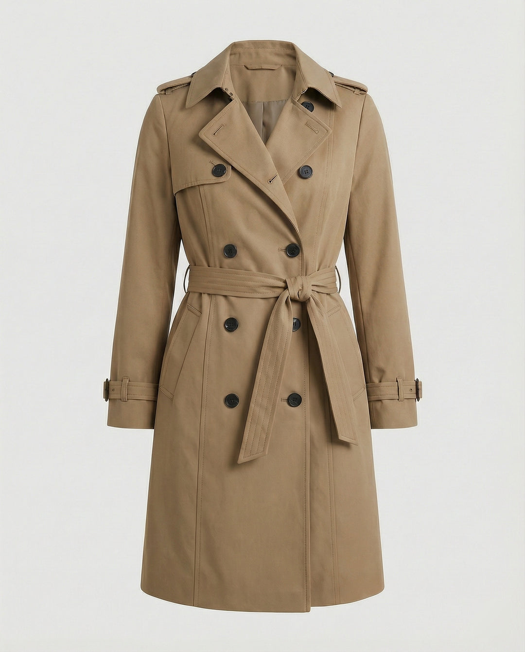 Damen Fashion Trends weit geschnittener doppelreihiger Trenchcoat mit Taillengürtel und Schulterpatten R&B