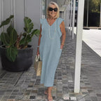 Damen Leichtes Maxikleid mit V-Ausschnitt und seitlichen Taschen R&B