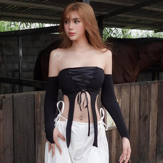 Damen elastisches Off-Shoulder Top mit aufwendiger Schnürung R&B