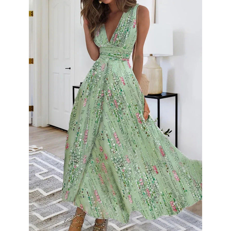 Damen Maxikleid mit tiefem V-Ausschnitt und floralem Wasserfarben-Muster R&B