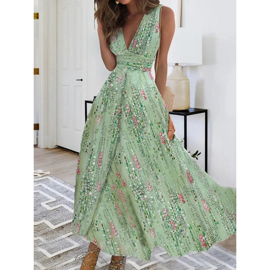 Damen Maxikleid mit tiefem V-Ausschnitt und floralem Wasserfarben-Muster R&B