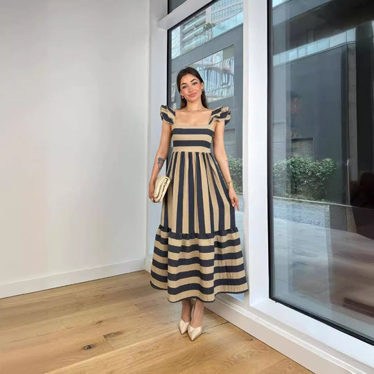 Damen Maxi-Kleid mit verspieltem Streifenmuster und Rüschendetails R&B